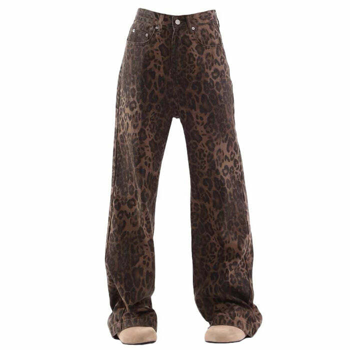 Leopard Print Wide Leg Jeans for Y2K Aesthetic and Grunge Style