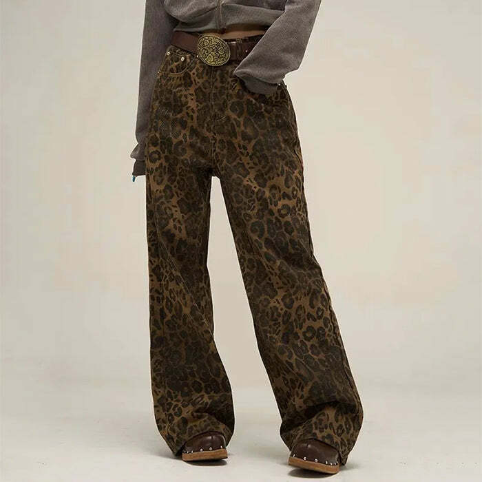 Leopard Print Wide Leg Jeans for Y2K Aesthetic and Grunge Style