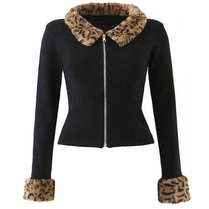 Leopard Trim Zip Up Cardigan - Y2K Aesthetic Comfy Layering Essential