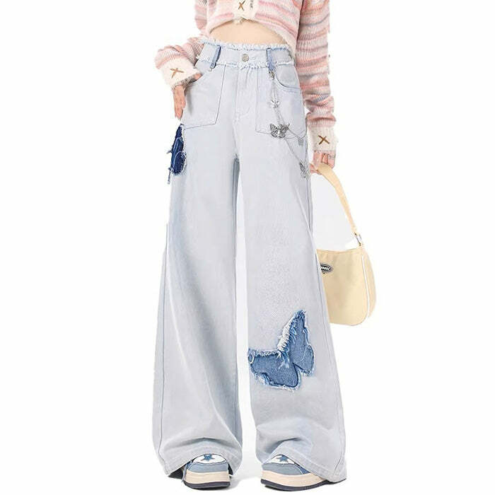 Light Blue Butterfly Y2K Aesthetic Jeans for Trendy Outfits