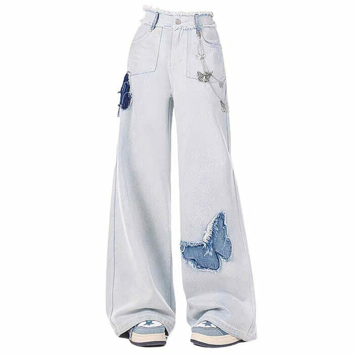 Light Blue Butterfly Y2K Aesthetic Jeans for Trendy Outfits