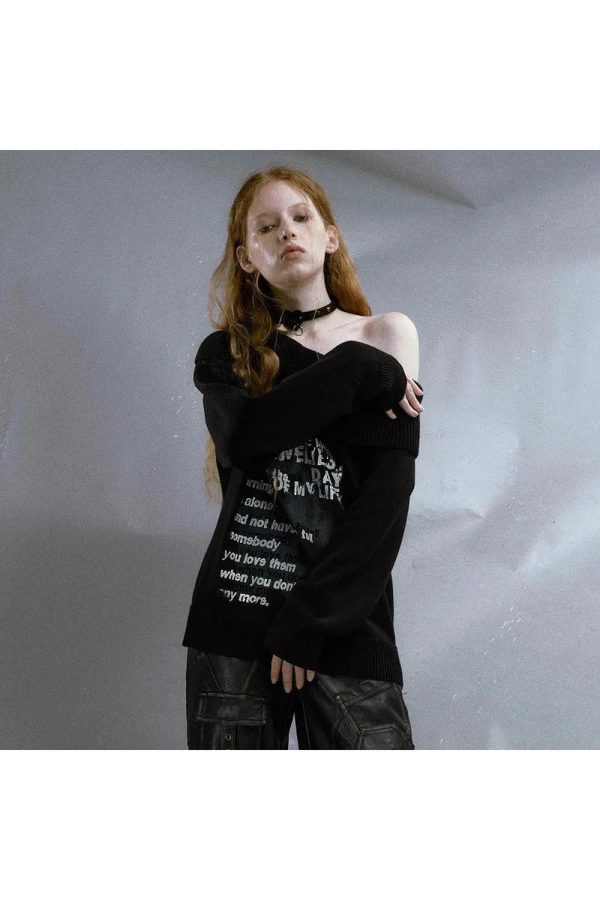 Lonely Verse Off-Shoulder Sweater: Y2K Aesthetic Cozy Top