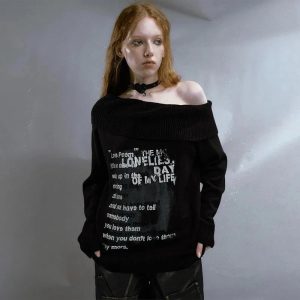 Lonely Verse Off-Shoulder Sweater: Y2K Aesthetic Cozy Top