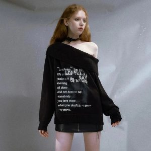 Lonely Verse Off-Shoulder Sweater: Y2K Aesthetic Cozy Top