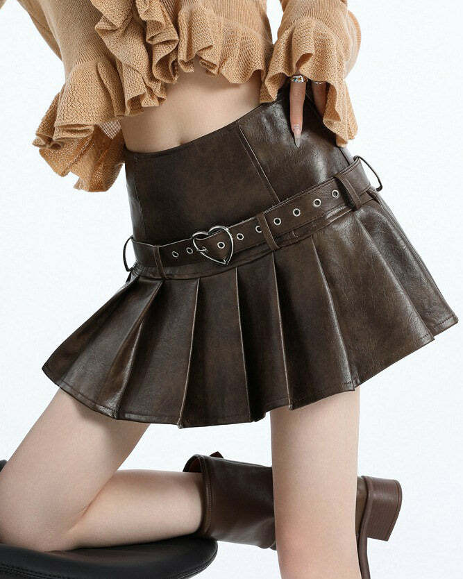 Love Bites Y2K Leather Pleated Skirt for Grunge and Coquette Aesthetic