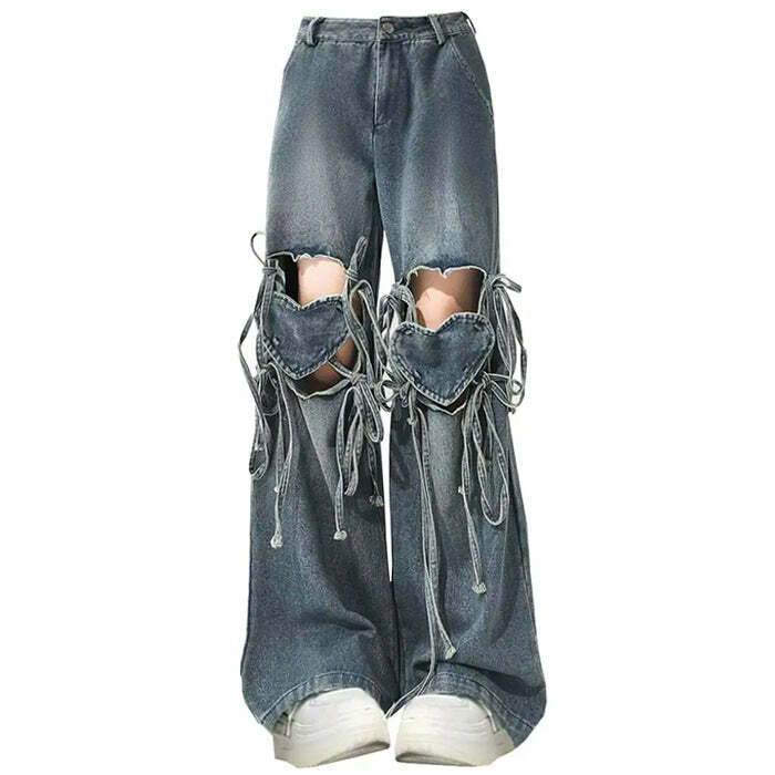 Love Knot Heart-Embellished Denim Pants for Y2K Aesthetic Outfits