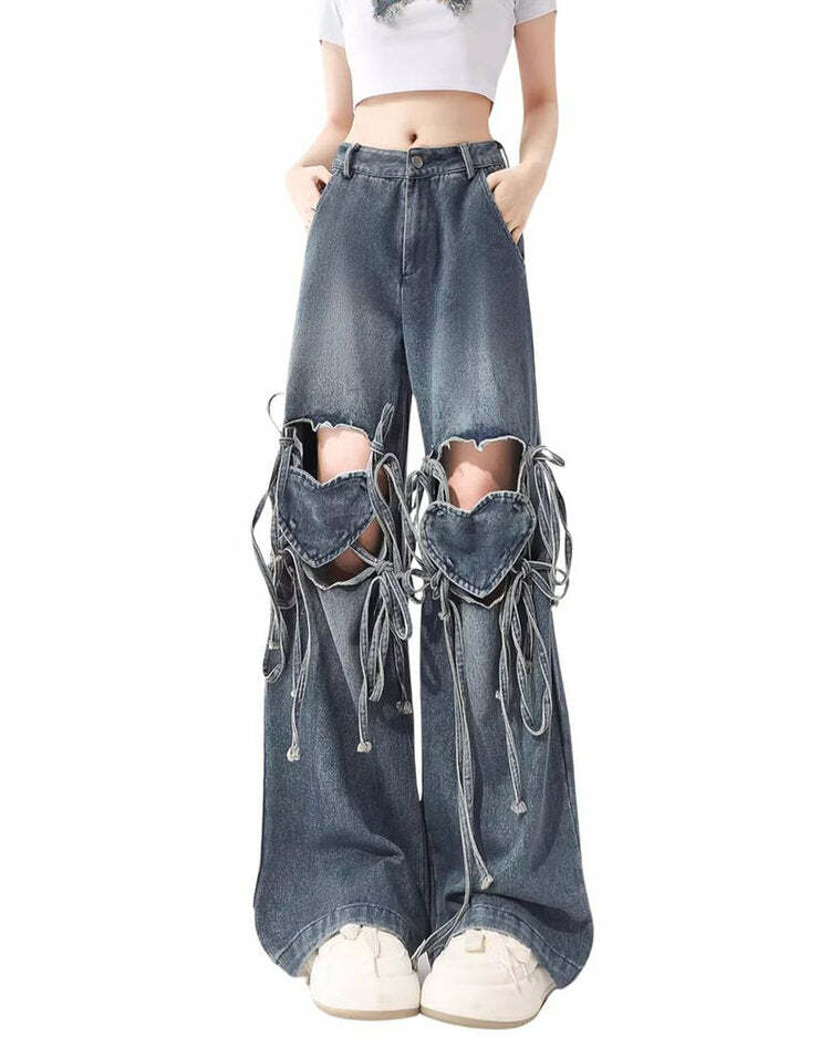 Love Knot Heart-Embellished Denim Pants for Y2K Aesthetic Outfits