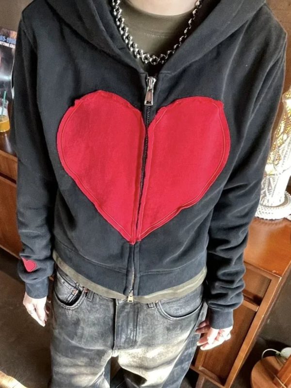 Lovecore Heart Zip-Up Hoodie | Y2K Aesthetic Comfy Layering Essential