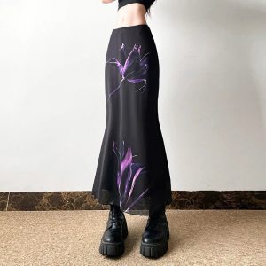 Midnight Bloom Y2K Aesthetic Maxi Skirt for Effortless Style