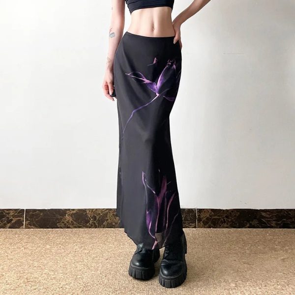 Midnight Bloom Y2K Aesthetic Maxi Skirt for Effortless Style