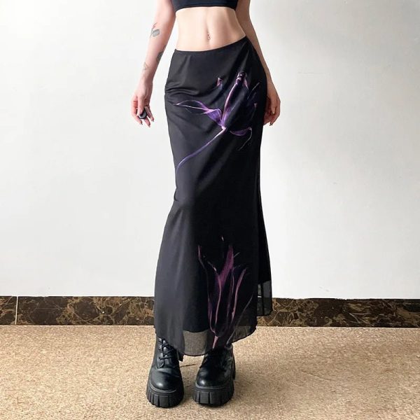 Midnight Bloom Y2K Aesthetic Maxi Skirt for Effortless Style