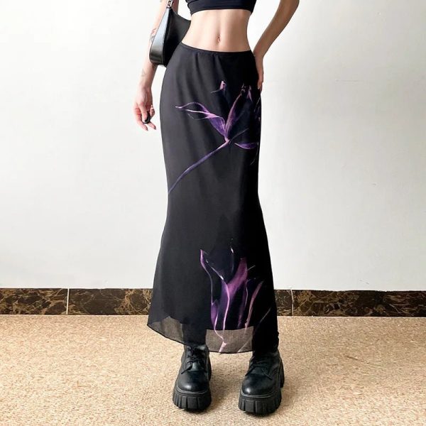 Midnight Bloom Y2K Aesthetic Maxi Skirt for Effortless Style