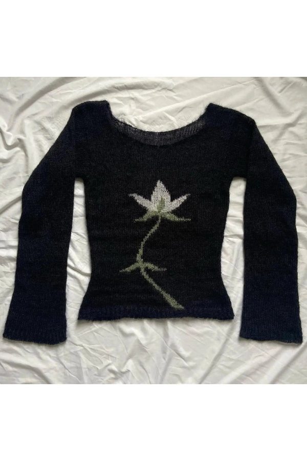 Midnight Bloom Y2K Knit Sweater - Cozy Aesthetic for Fall Fashion