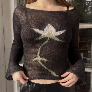 Midnight Bloom Y2K Knit Sweater - Cozy Aesthetic for Fall Fashion