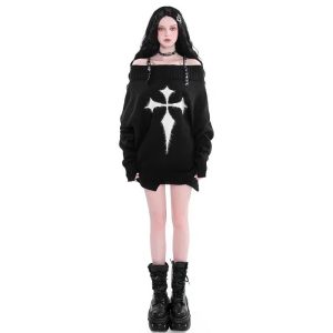 Midnight Cross Sweater - Y2K Aesthetic Cozy Knit for Grunge Style Lovers