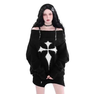 Midnight Cross Sweater - Y2K Aesthetic Cozy Knit for Grunge Style Lovers