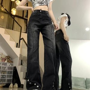 Midnight Flare Snap Jeans - Y2K Aesthetic Grunge Style Denim Pants