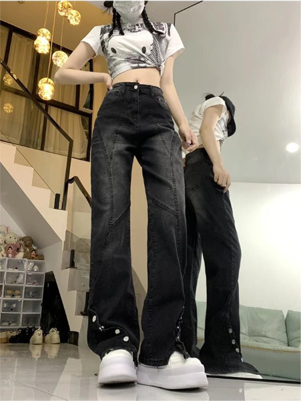 Midnight Flare Snap Jeans - Y2K Aesthetic Grunge Style Denim Pants