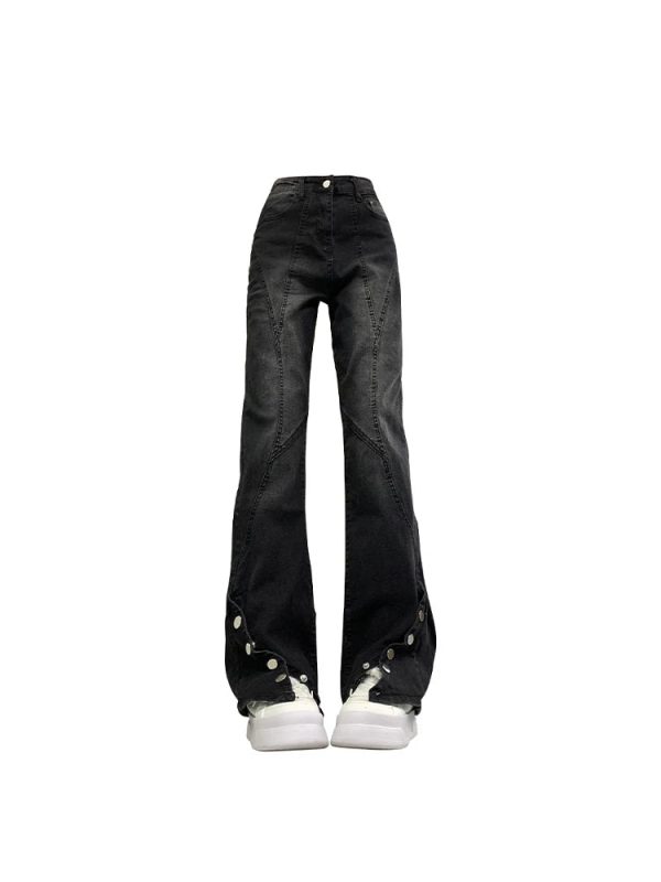 Midnight Flare Snap Jeans - Y2K Aesthetic Grunge Style Denim Pants