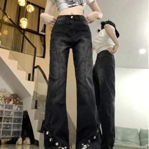 Midnight Flare Snap Jeans - Y2K Aesthetic Grunge Style Denim Pants