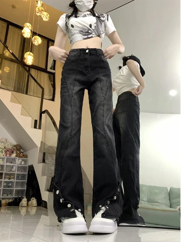 Midnight Flare Snap Jeans - Y2K Aesthetic Grunge Style Denim Pants