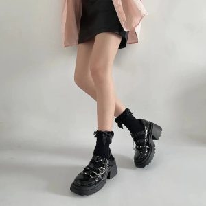 Midnight Heart Chain Platform Shoes - Y2K Aesthetic Grunge Style Footwear