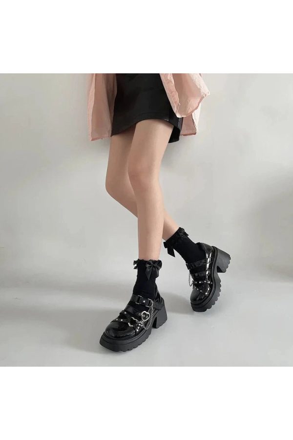 Midnight Heart Chain Platform Shoes - Y2K Aesthetic Grunge Style Footwear