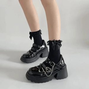 Midnight Heart Chain Platform Shoes - Y2K Aesthetic Grunge Style Footwear