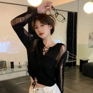 Midnight Lace-Up Mesh Top - Y2K Aesthetic Cute Top for Grunge Style