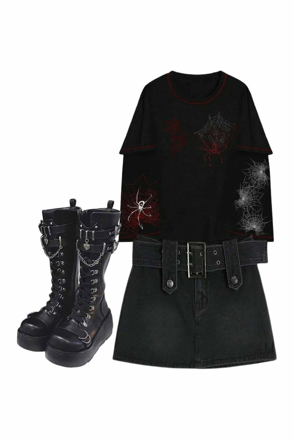 Midnight Rebel Belted Mini Skirt & Fall Alt Hoodie with Gothic Combat Boots