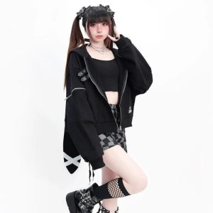 Midnight Rebel Y2K Buckle Hoodie - Grunge Aesthetic Cute Top