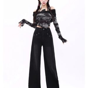 Midnight Wide-Leg Jeans for Y2K Aesthetic & Grunge Style Outfits