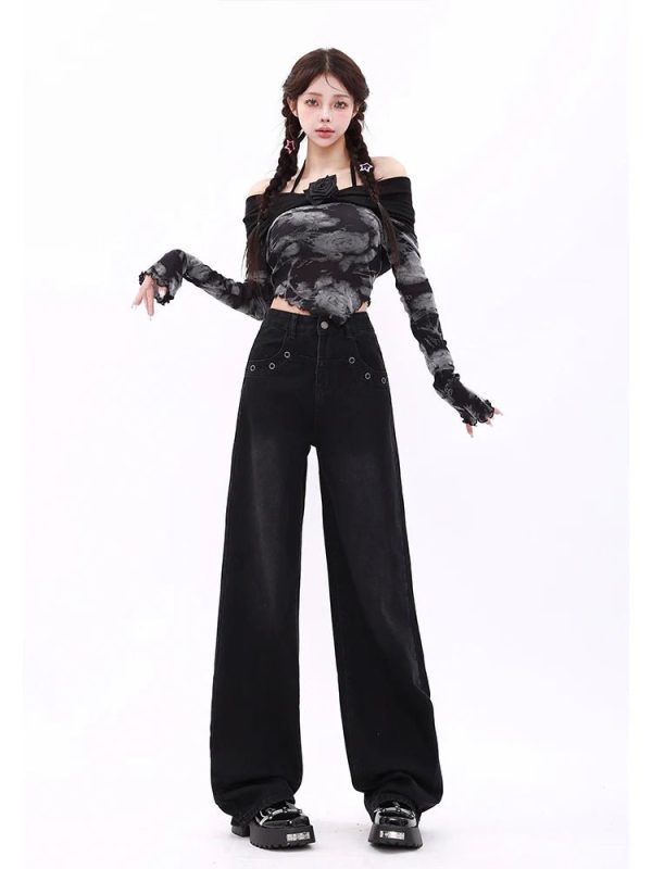 Midnight Wide-Leg Jeans for Y2K Aesthetic & Grunge Style Outfits