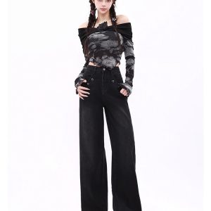 Midnight Wide-Leg Jeans for Y2K Aesthetic & Grunge Style Outfits