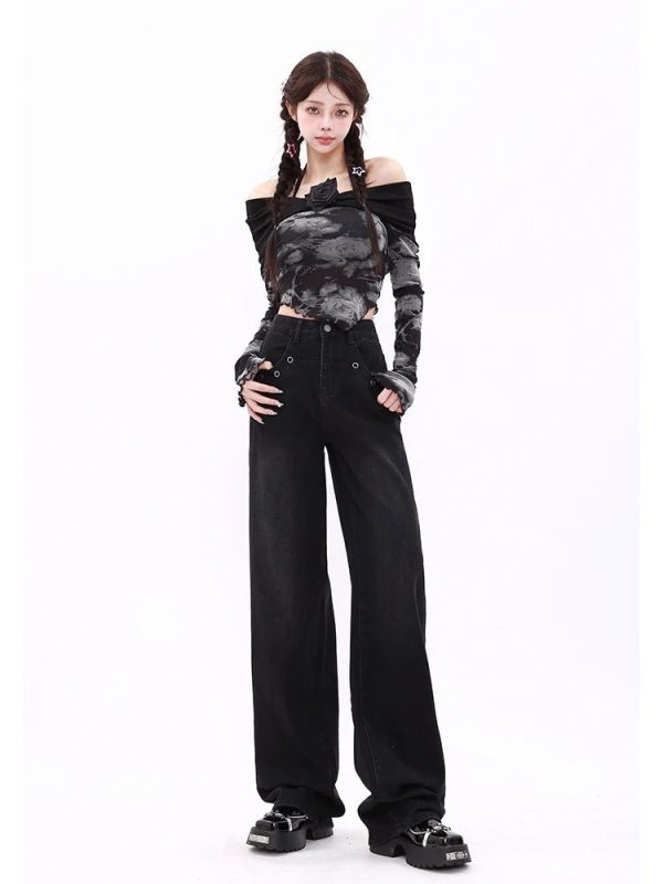 Midnight Wide-Leg Jeans for Y2K Aesthetic & Grunge Style Outfits