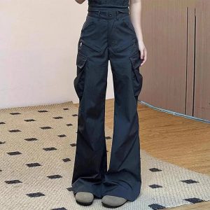 Midnight Y2K Cargo Flare Pants for Grunge and Coquette Aesthetic