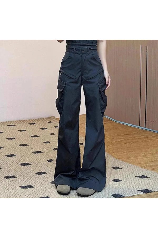 Midnight Y2K Cargo Flare Pants for Grunge and Coquette Aesthetic