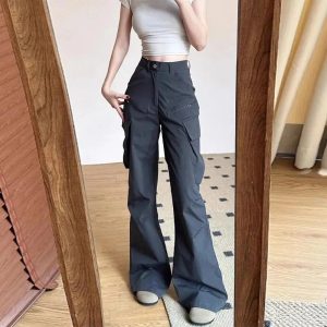 Midnight Y2K Cargo Flare Pants for Grunge and Coquette Aesthetic