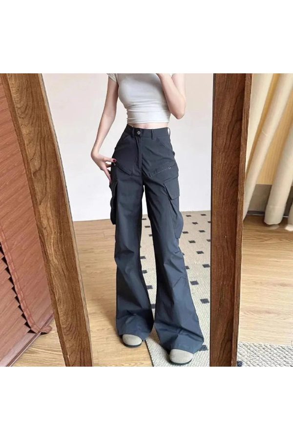 Midnight Y2K Cargo Flare Pants for Grunge and Coquette Aesthetic