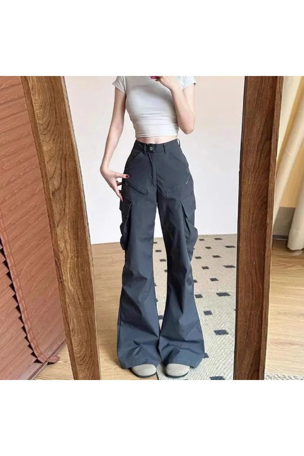 Midnight Y2K Cargo Flare Pants for Grunge and Coquette Aesthetic