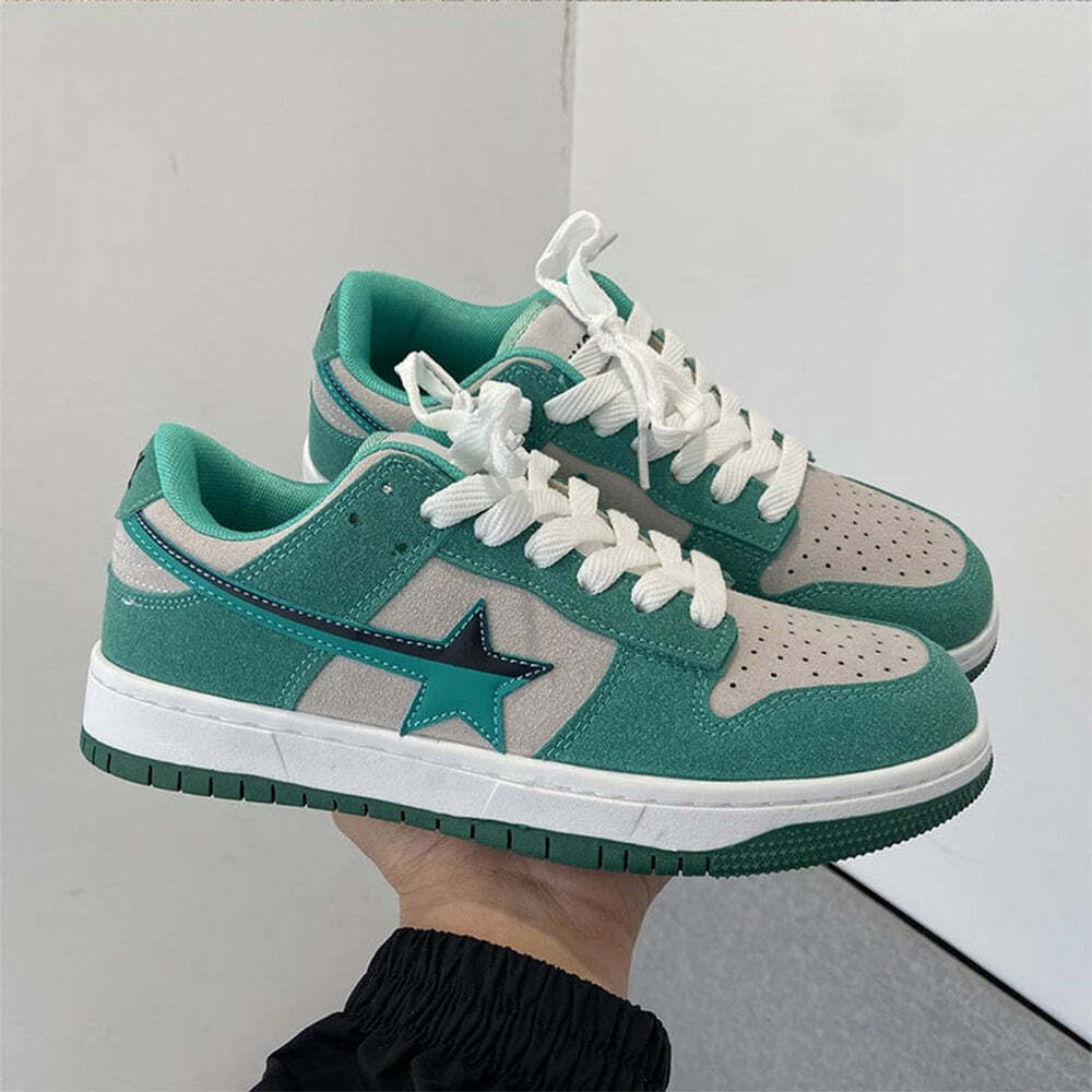 Mint Green Star Sneakers for Y2K Aesthetic and Grunge Style Outfits