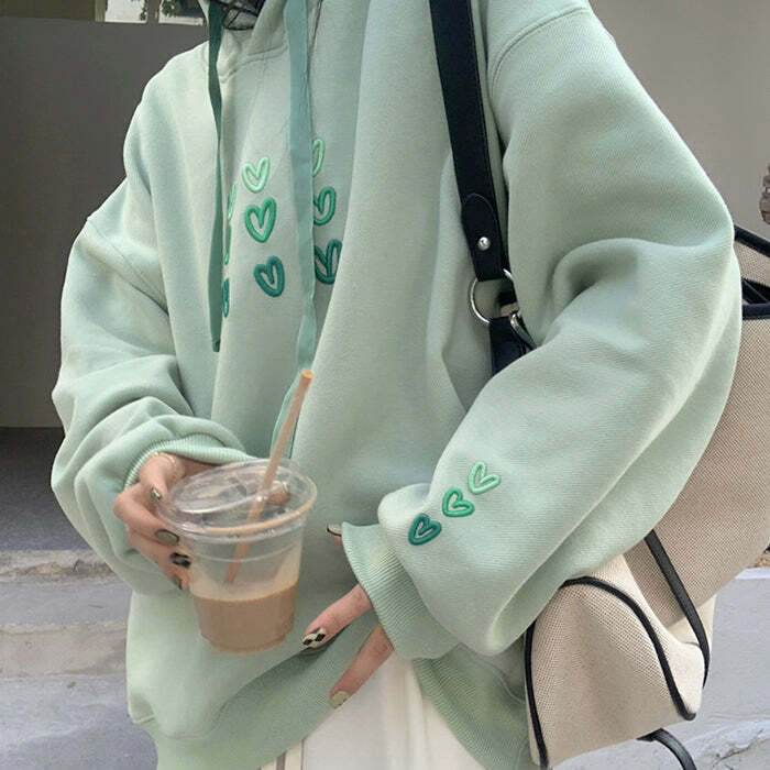 Mint Y2K Aesthetic Heart Hoodie for Cozy, Cute Style Lovers