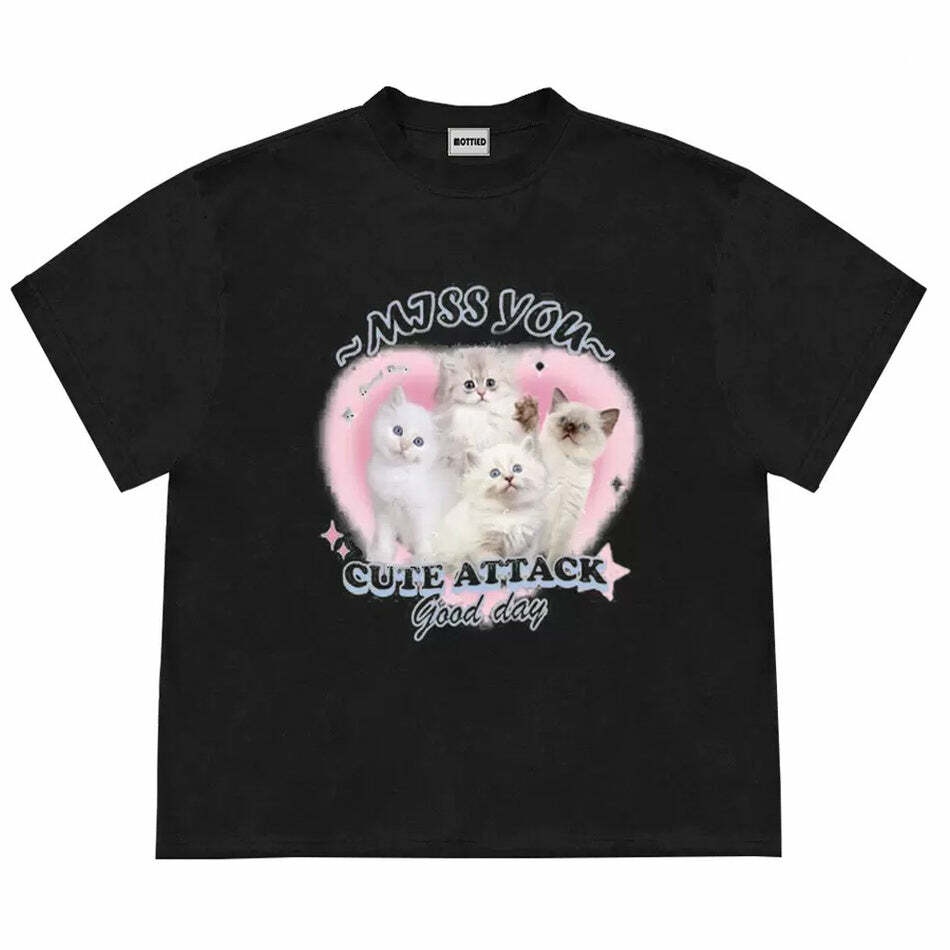 Miss You Cat Attack Tee - Y2K Aesthetic Cute Top for Cozy Outfits