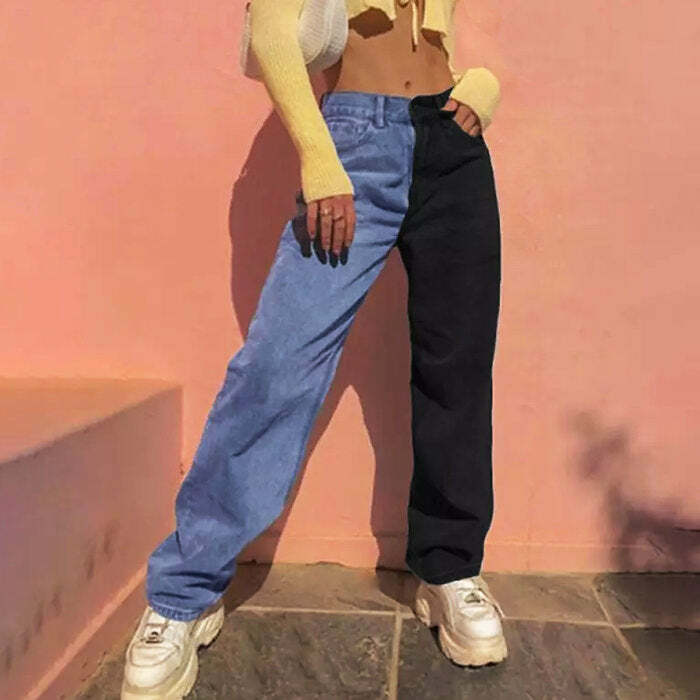 Missed Calls Split Color Jeans - Y2K Aesthetic Grunge Style Bottoms