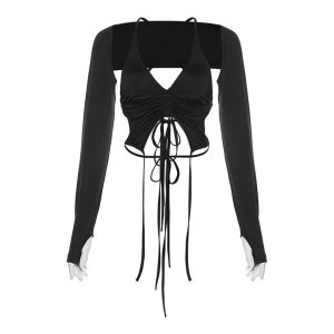 Mocha Ruched Tie-Up Top for Y2K Aesthetic & Coquette Style Outfits