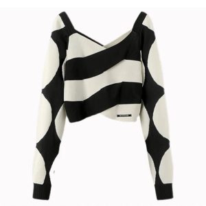 Monochrome Wave Y2K Cropped Sweater for Coquette and Grunge Aesthetics