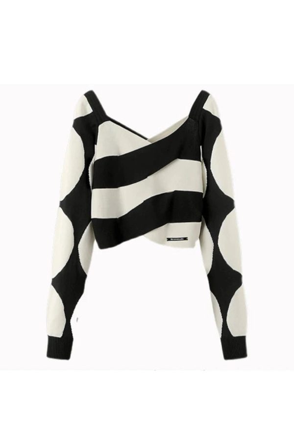 Monochrome Wave Y2K Cropped Sweater for Coquette and Grunge Aesthetics