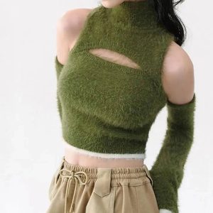 Mossy Cutout Fuzzy Crop Top - Y2K Aesthetic Cute Top for Cozy Vibes