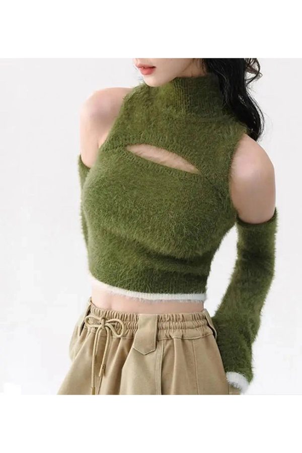 Mossy Cutout Fuzzy Crop Top - Y2K Aesthetic Cute Top for Cozy Vibes