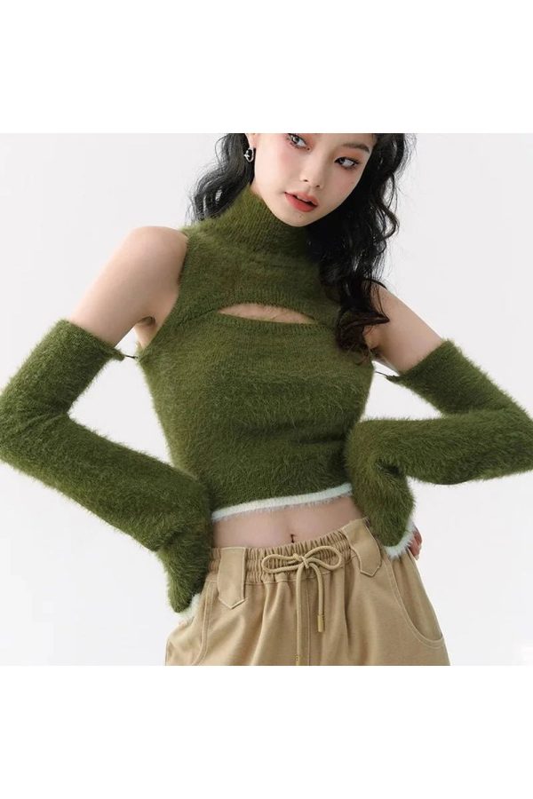 Mossy Cutout Fuzzy Crop Top - Y2K Aesthetic Cute Top for Cozy Vibes